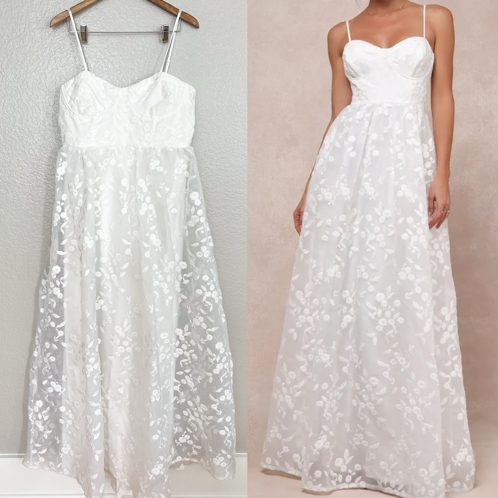NWOT Ethereal Perfection White Organza Embroidered Bustier Maxi Dress